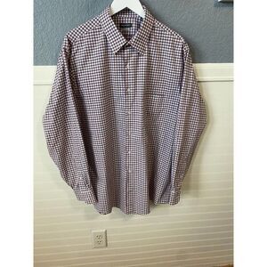 Van Heusen Regular Fit Wrinkle Free Plum Plaid Collared Dress Shirt Size 17 1/2